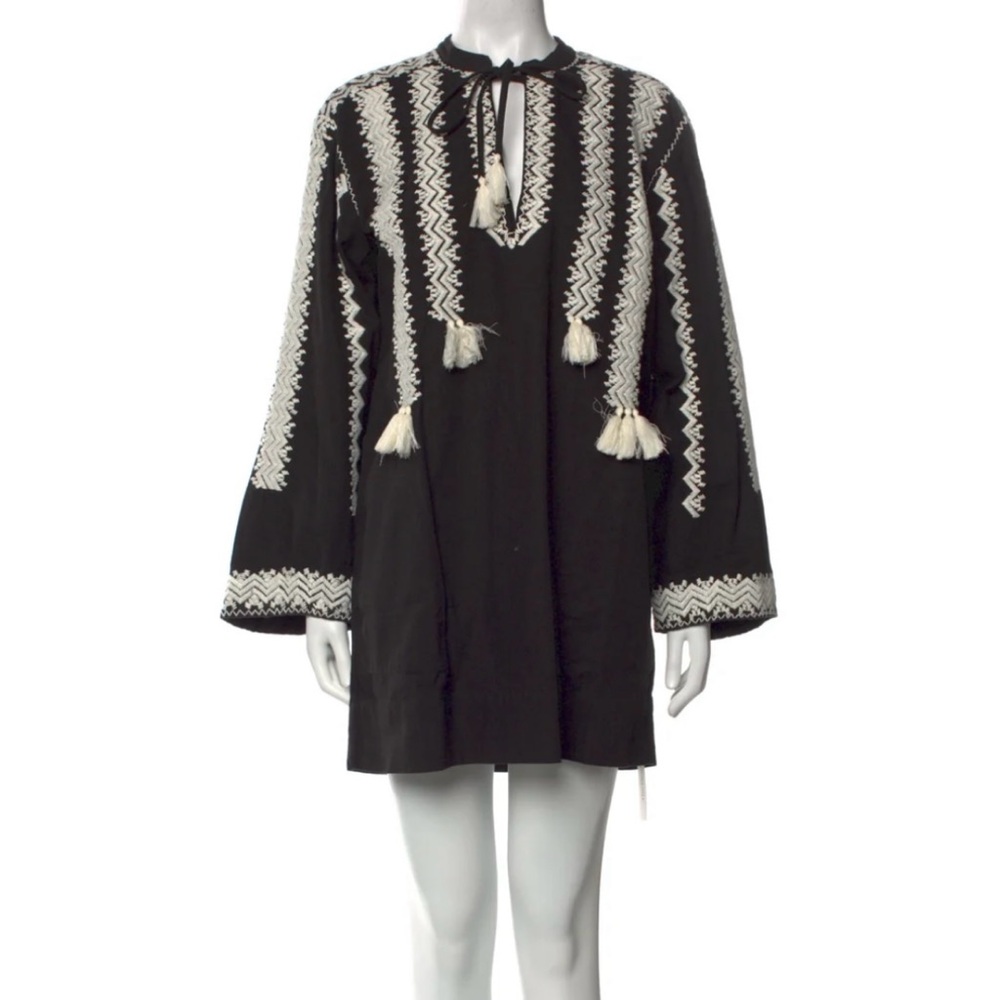 Joie embroidery black 100% cotton long sleeve shift tunic dress S